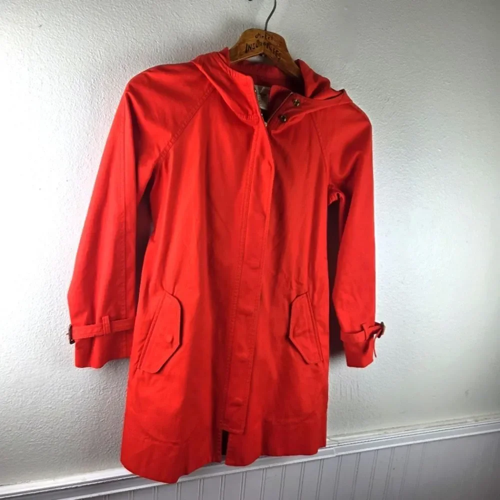 Women's J.Crew Bright Orange Winter Raincoat Hooded Jacket Size 00/XXS